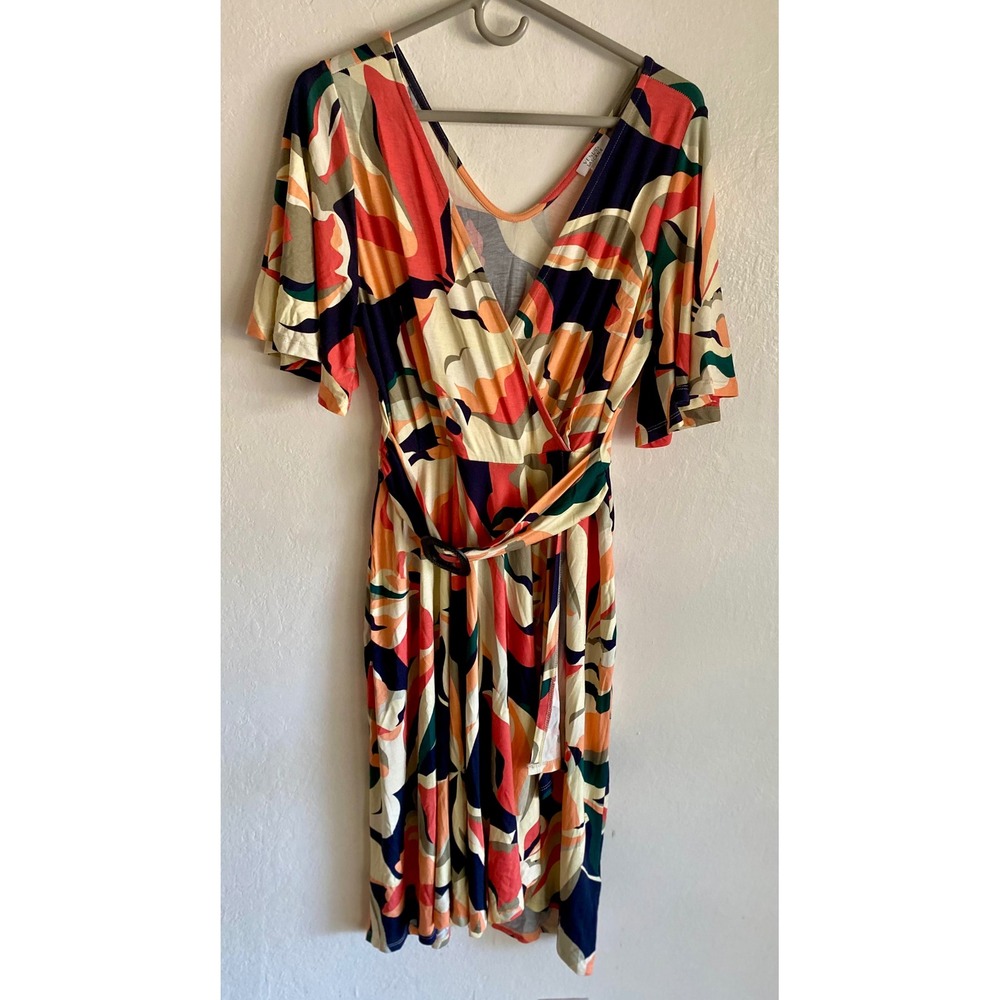 Venus LASCANA M Dress Colorful Abstract Print Wrap Midi EUC